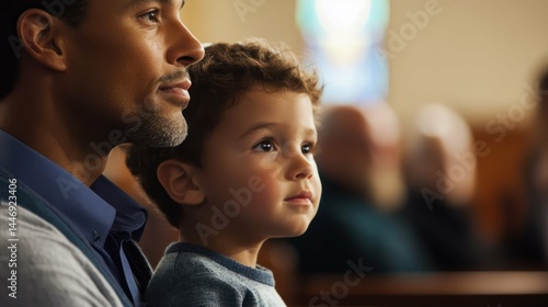 Father and son at church share a moment of faith and togetherness.
