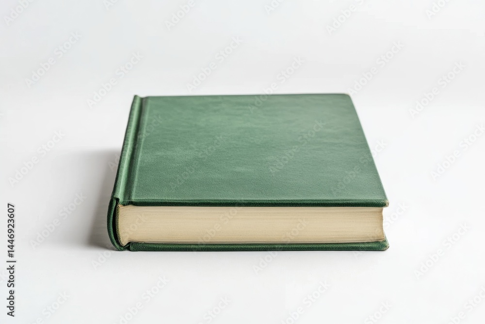 Green hardback book, closed, resting on a white surface Green hardback book, closed, resting on a white surface