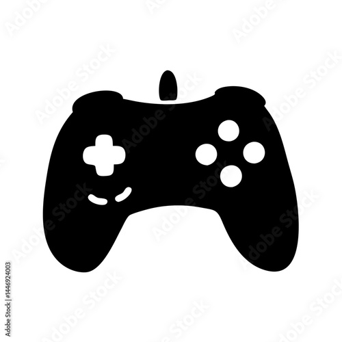 Black silhouette of a classic game controller representing gaming and technology