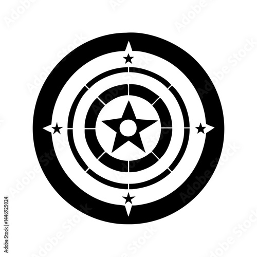 Stylized Shield with Concentric Rings and Stars, Black and White Illustration
