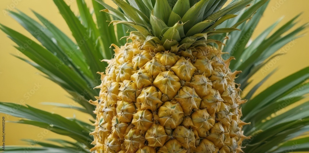 Fototapeta premium A ripe pineapple, its golden skin gleaming, topped with vibrant green spiky leaves , nature, exotic, delicious