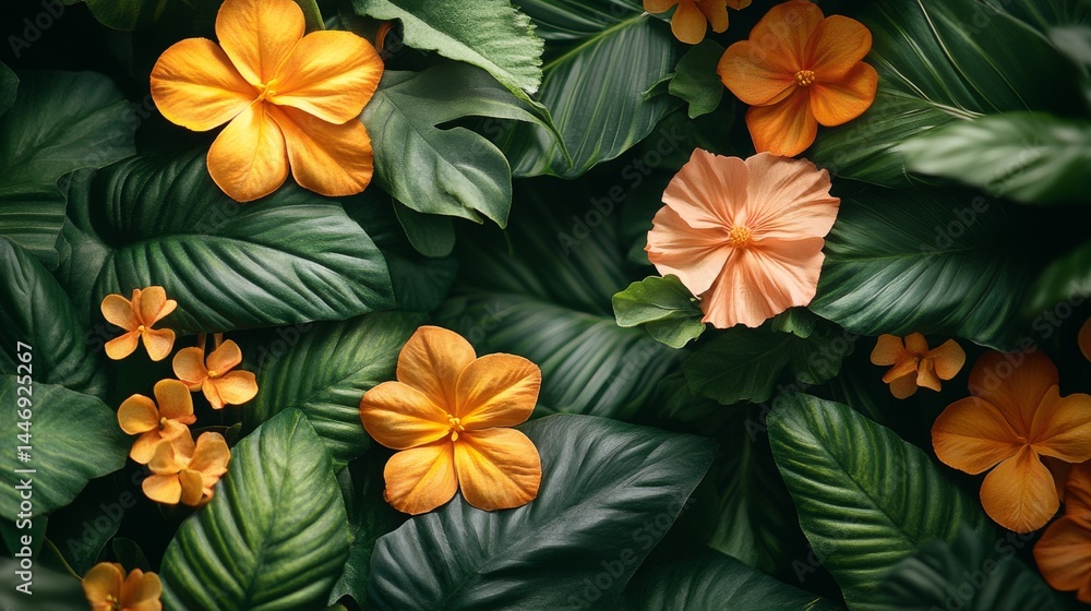 Fototapeta premium Lush Tropical Foliage with Golden Orange Flowers, a Verdant Symphony of Vibrant Colors and Textural Leaves