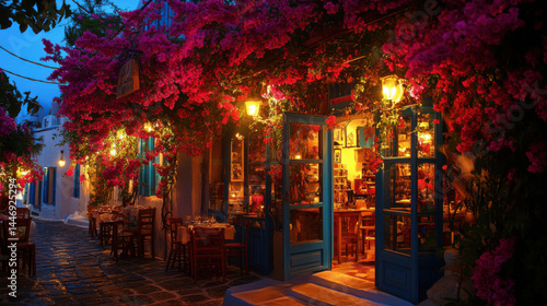 Fototapeta Naklejka Na Ścianę i Meble -  Shops and restaurants in Mykonos, Greece with bougainvillea.