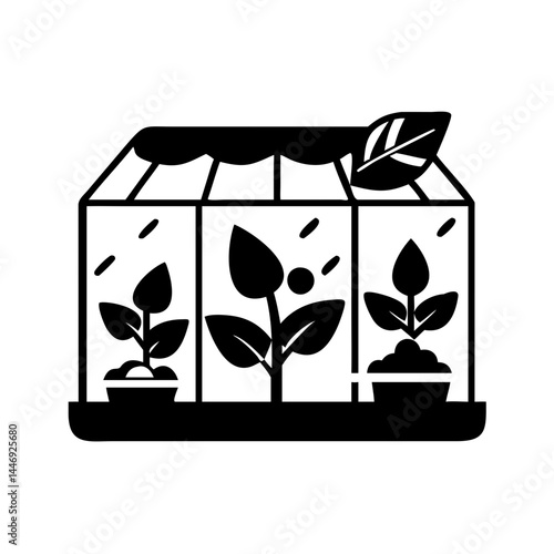 Monochrome icon depicting a greenhouse with plants inside for sustainable gardening
