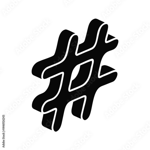 Isometric black hashtag symbol illustration on a clean white background scene