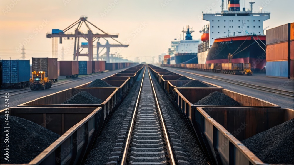 Fototapeta premium Cargo trains lined with coal carts at a shipping yard, flanked by large cargo ships and cranes under a soft sunset glow.