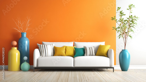 Modern, vibrant living room featuring a white sofa with colorful throw pillows, accented by  orange walls and decorative vases.  A touch of green plant life adds a pop of freshness