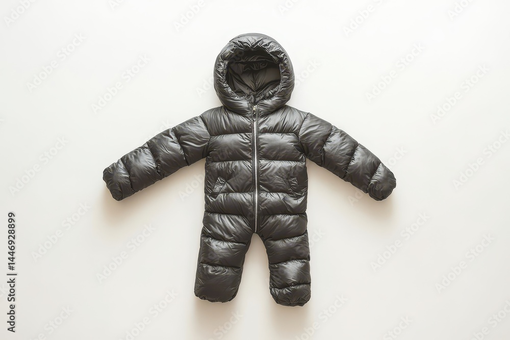 Dark gray, quilted, hooded jumpsuit for a child, featuring a zipper closure and long sleeves Dark gray, quilted, hooded jumpsuit for a child, featuring a zipper closure and long sleeves