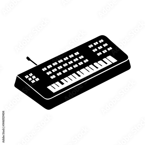 Isometric illustration of a professional synthesizer keyboard with a microphone attachment