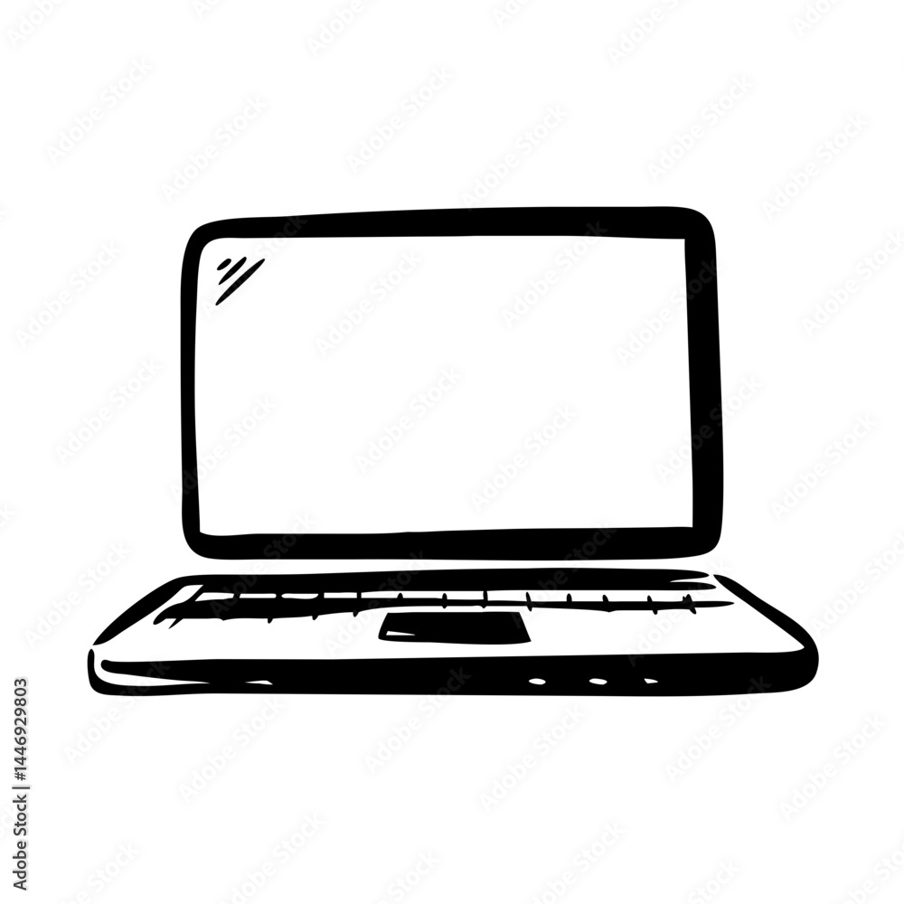 A simple handdrawn illustration of an open laptop computer in black and white A simple handdrawn illustration of an open laptop computer in black and white