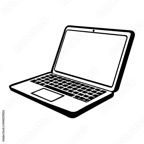 Detailed black and white vector illustration of a laptop computer on white backdrop