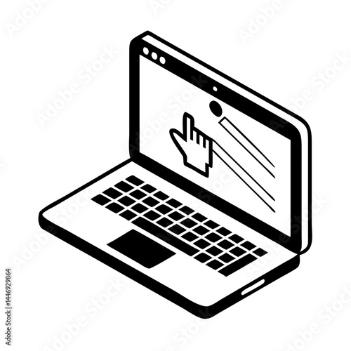 Isometric laptop with cursor clicking an icon on the screen illustration