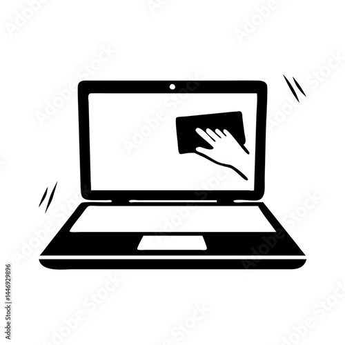Cleaning a laptop screen with a cloth to remove fingerprints or dust