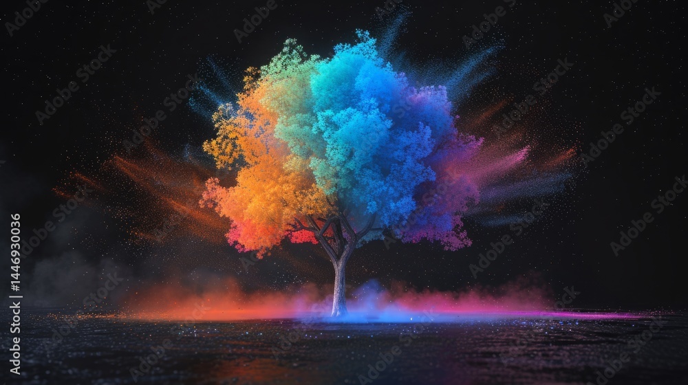 Fototapeta premium A Colorful Tree Erupting with Magical Dust