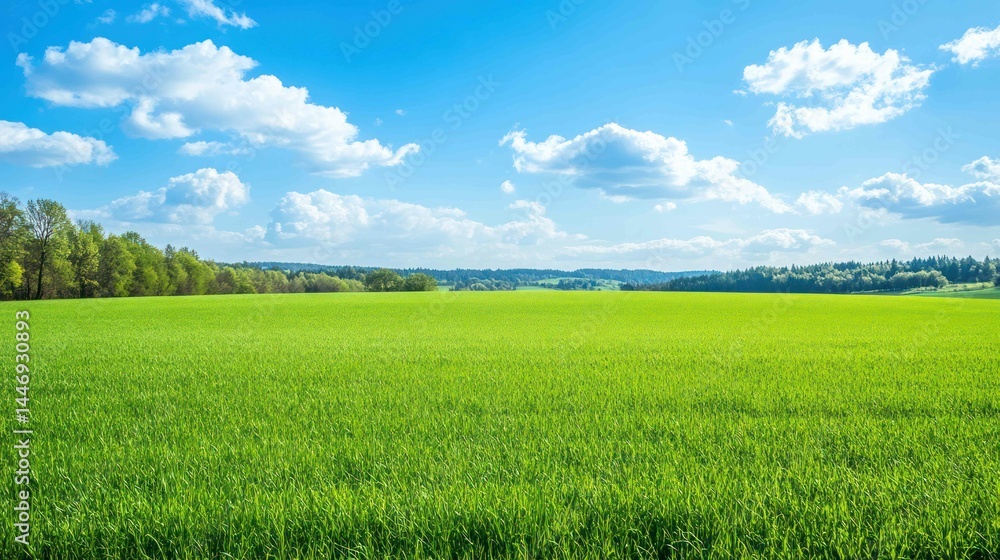Fototapeta premium Green field with blue sky. Sunny day in the countryside. Copy space.