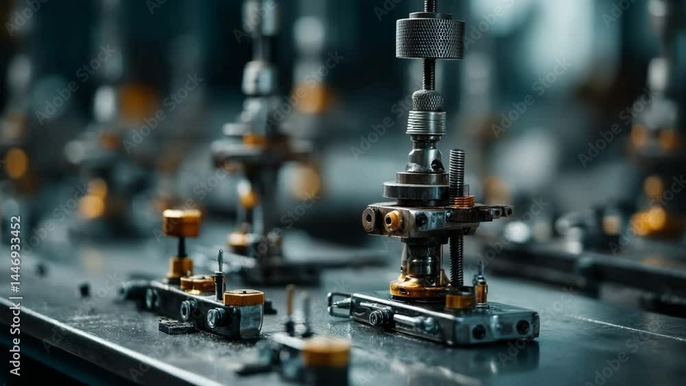 A close-up view of intricate mechanical assemblies and precision tools on a metal workshop table. A close-up view of intricate mechanical assemblies and precision tools on a metal workshop table.