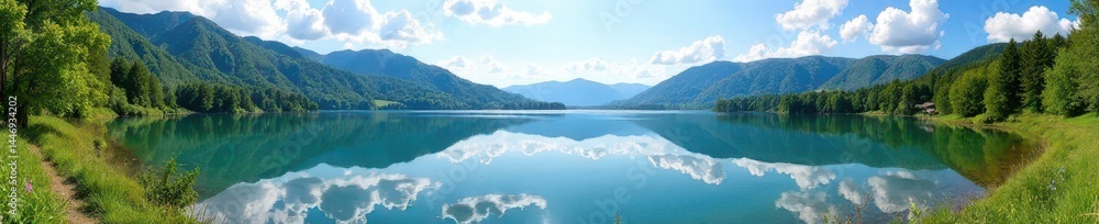 Fototapeta premium Panoramic view of Biggesee lake in Sauerland, sunny day, view, water, summer