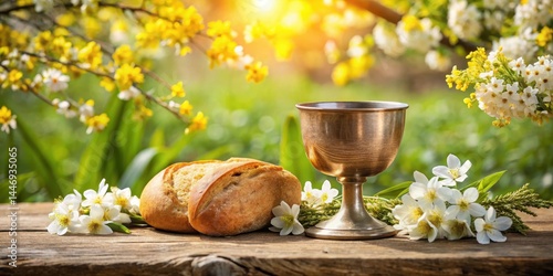 Easter communion still life with chalice of wine and bread on a wooden table surrounded by spring flowers and greenery, easter