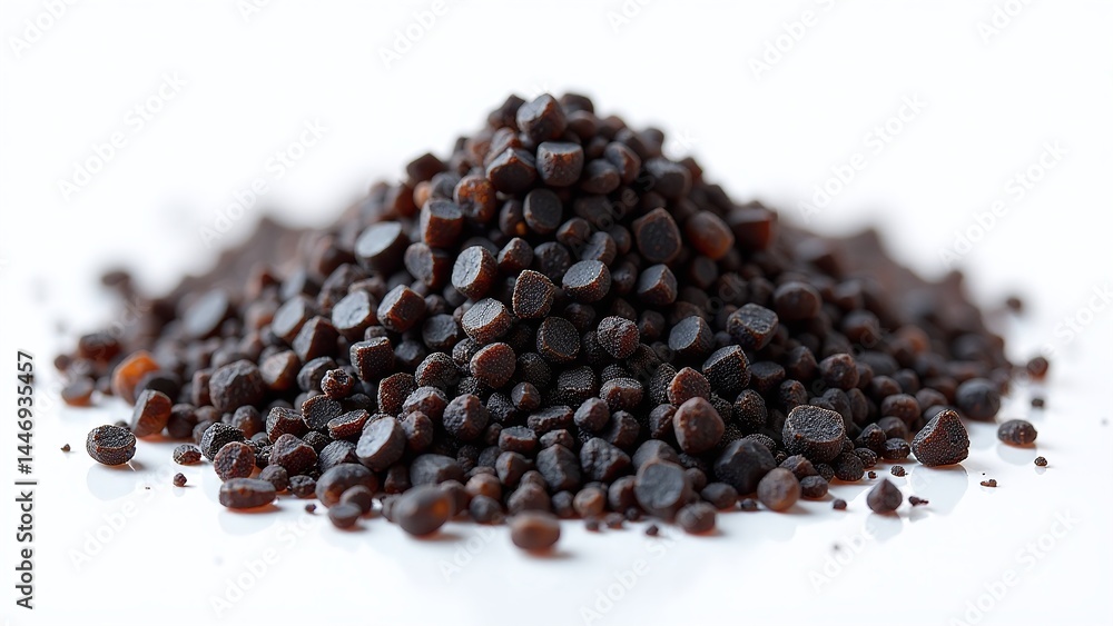 Pakistani black salt, isolated on white background, deep earthy tones and irregular granules, photorealistic macro Pakistani black salt, isolated on white background, deep earthy tones and irregular granules, photorealistic macro