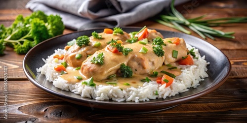 Wallpaper Mural Tender chicken cooked in a creamy sauce served over a bed of fluffy basmati rice with steamed vegetables and garnished with fresh herbs, tender, sauce Torontodigital.ca