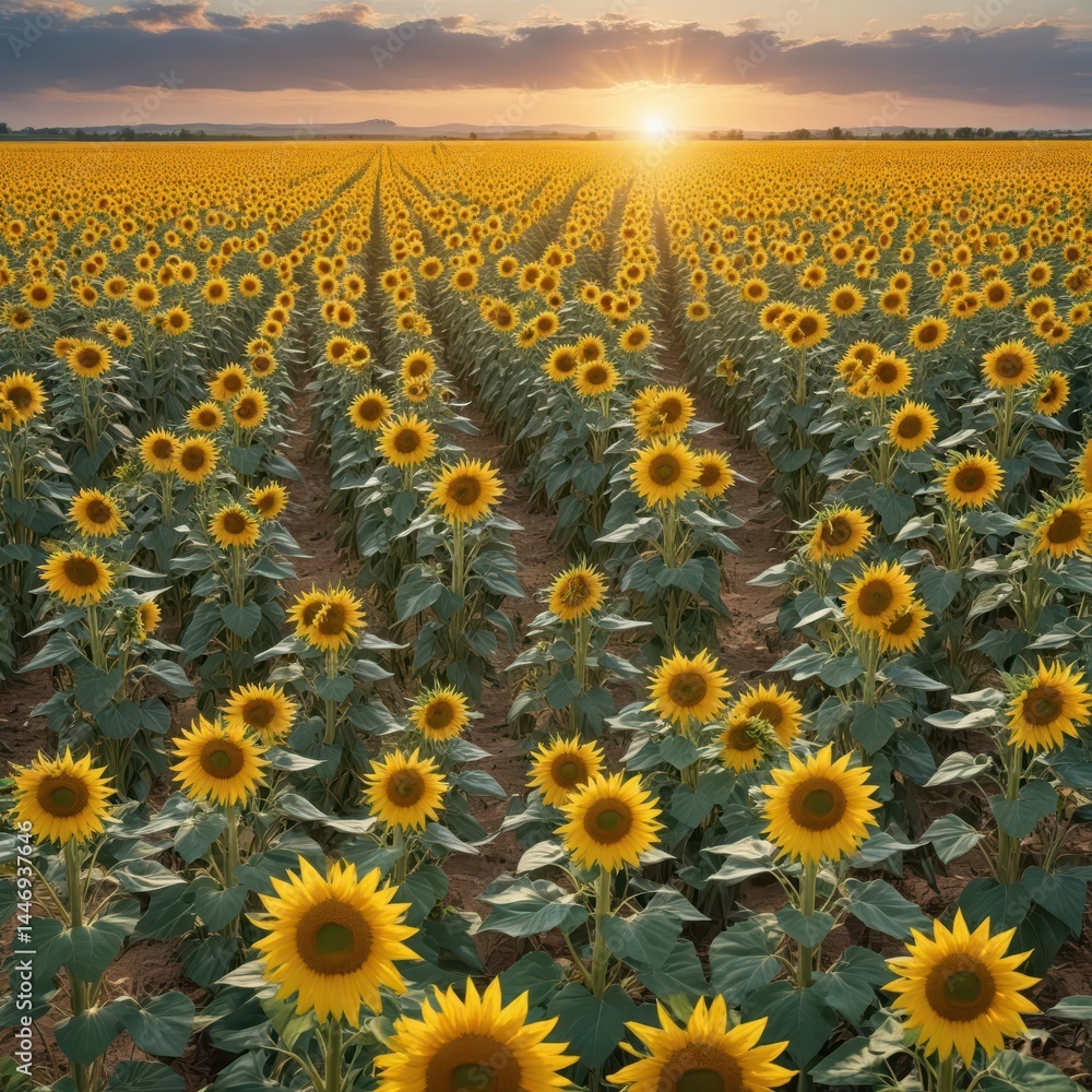 Obraz premium Vast sunflower field, facing east, morning light , rays, sun, landscape