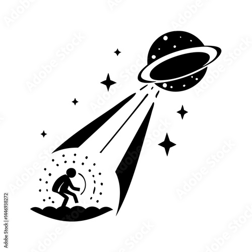 Monochrome depiction of an alien abduction with stars and a UFO