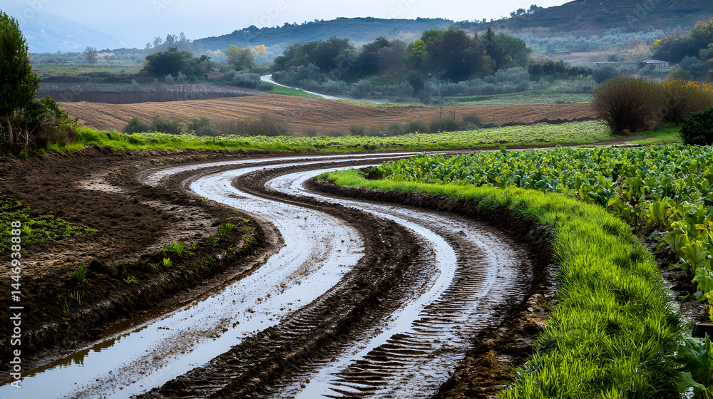 Naklejka premium Winding muddy road through fields and vegetation under a cloudy sky.