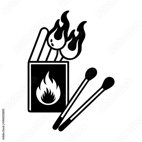 Stylized vector illustration of matchbox with matches and flames in black and white