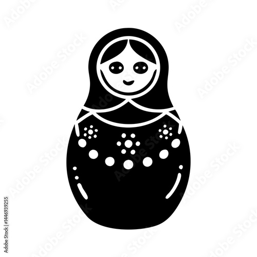 Stylized Black and White Matryoshka Doll with Floral Decorations and Smiling Face