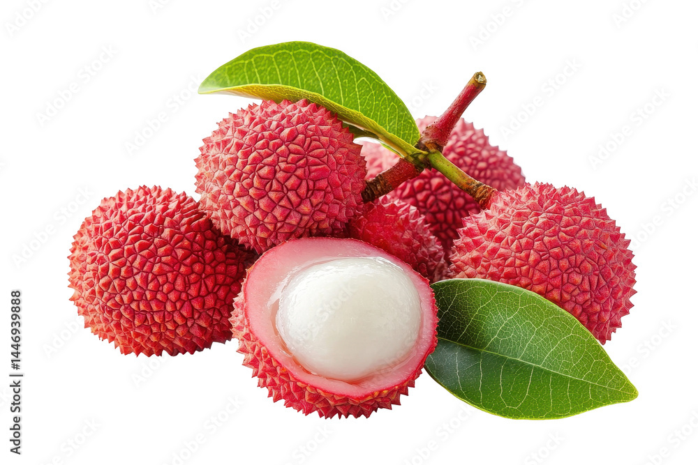 Cluster of bright red lychees, some halved to show the white flesh, displayed against a dark background. The fruit appears fresh and ripe. Cluster of bright red lychees, some halved to show the white flesh, displayed against a dark background. The fruit appears fresh and ripe.