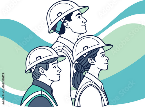 Team of Construction Workers with Safety Helmets – Workplace Safety Illustration