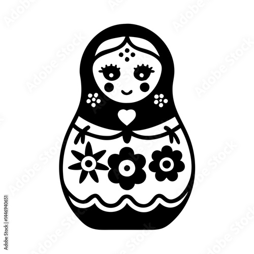 Stylized Black and White Matryoshka Doll Illustration Featuring Flowers and a Heart