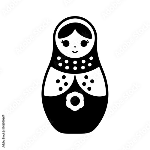 Black and white minimalist matryoshka doll illustration with a cute face
