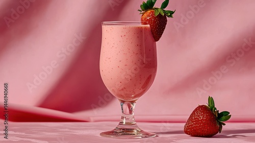 Pink Strawberry Smoothie in Glass on Pink Background