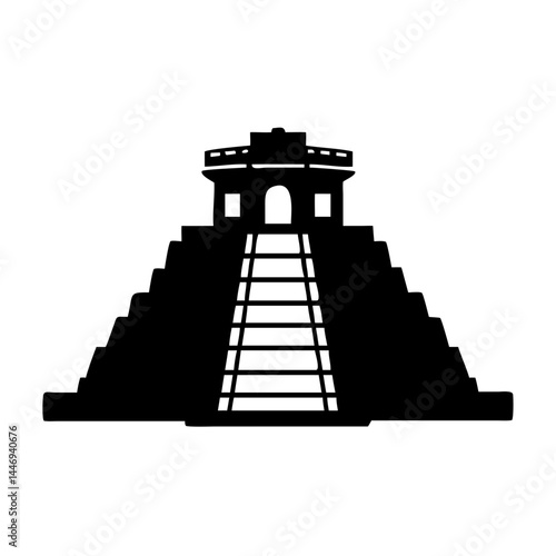 Striking black and white silhouette of a Mayan Pyramid Temple structure
