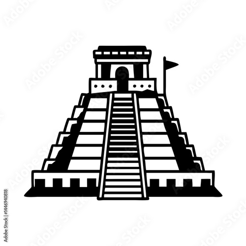 Stylized Black and White Representation of a Mesoamerican Pyramid Temple Icon