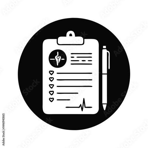 Medical report clipboard with pen icon on black circle background