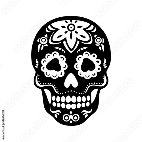 Intricate Black and White Sugar Skull Illustration for Dia de los Muertos