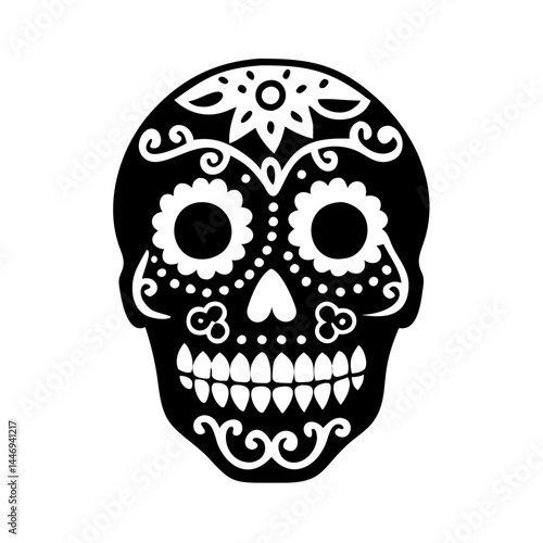 Black and white sugar skull with intricate patterns for Day of Dead