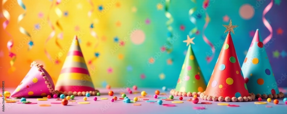 Bright rainbow-hued streamers and party hats on vibrant birthday background, festive, balloons Bright rainbow-hued streamers and party hats on vibrant birthday background, festive, balloons