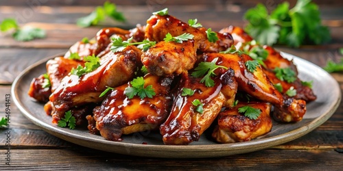 A plate of grilled chicken wings smothered in a rich, velvety barbecue sauce, with a sprinkle of chopped cilantro for added freshness and flavor, sauce, grilled chicken