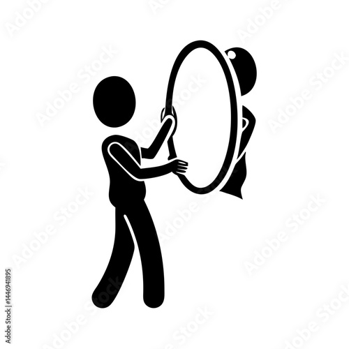 Stick figure holding a mirror up to another stick figure looking in mirror