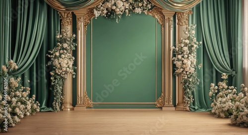 A grand, elegant room with emerald green velvet drapes, golden columns, and delicate white floral arrangements.