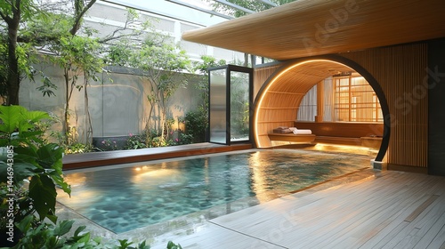 Serene indoor pool surrounded by nature.