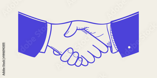 hand drawn handshake line art blue vector illustration