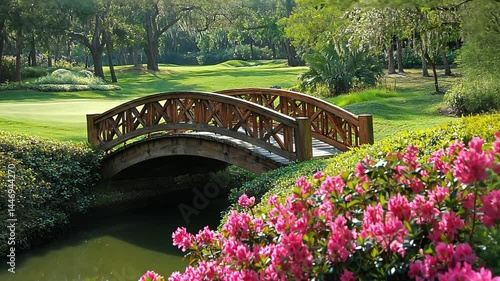 Picturesque Golf Course Landscape with Wooden Bridge and Azaleas