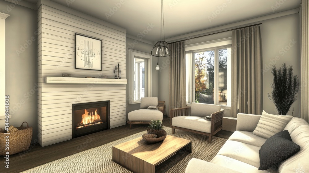 Neutral living room with fireplace, sofa, and soft decor Neutral living room with fireplace, sofa, and soft decor