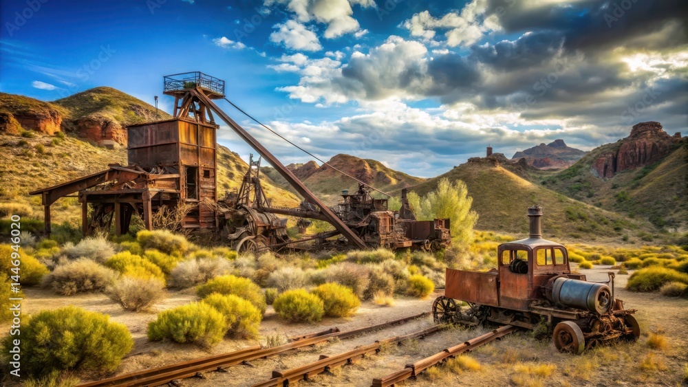 Overgrown Mining Equipment, rusty machinery, wild west scene Overgrown Mining Equipment, rusty machinery, wild west scene