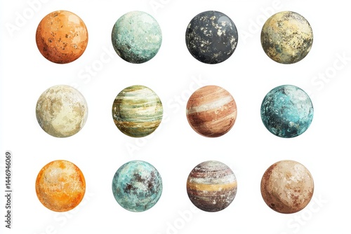 Fototapeta Naklejka Na Ścianę i Meble -  Colorful stylized illustration of planets.  Each planet displays unique, textured surfaces in various earth-toned hues.  A collection of celestial bodies
