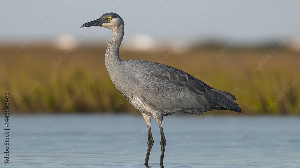 Naklejka premium Elegant great blue heron wading through serene waterscape on a sunny day with natural habitat and wild bird observing in vibrant coastal scene